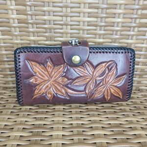 Large Leather Wallet Change Purse Handtooled Floral Embossed Western Brown